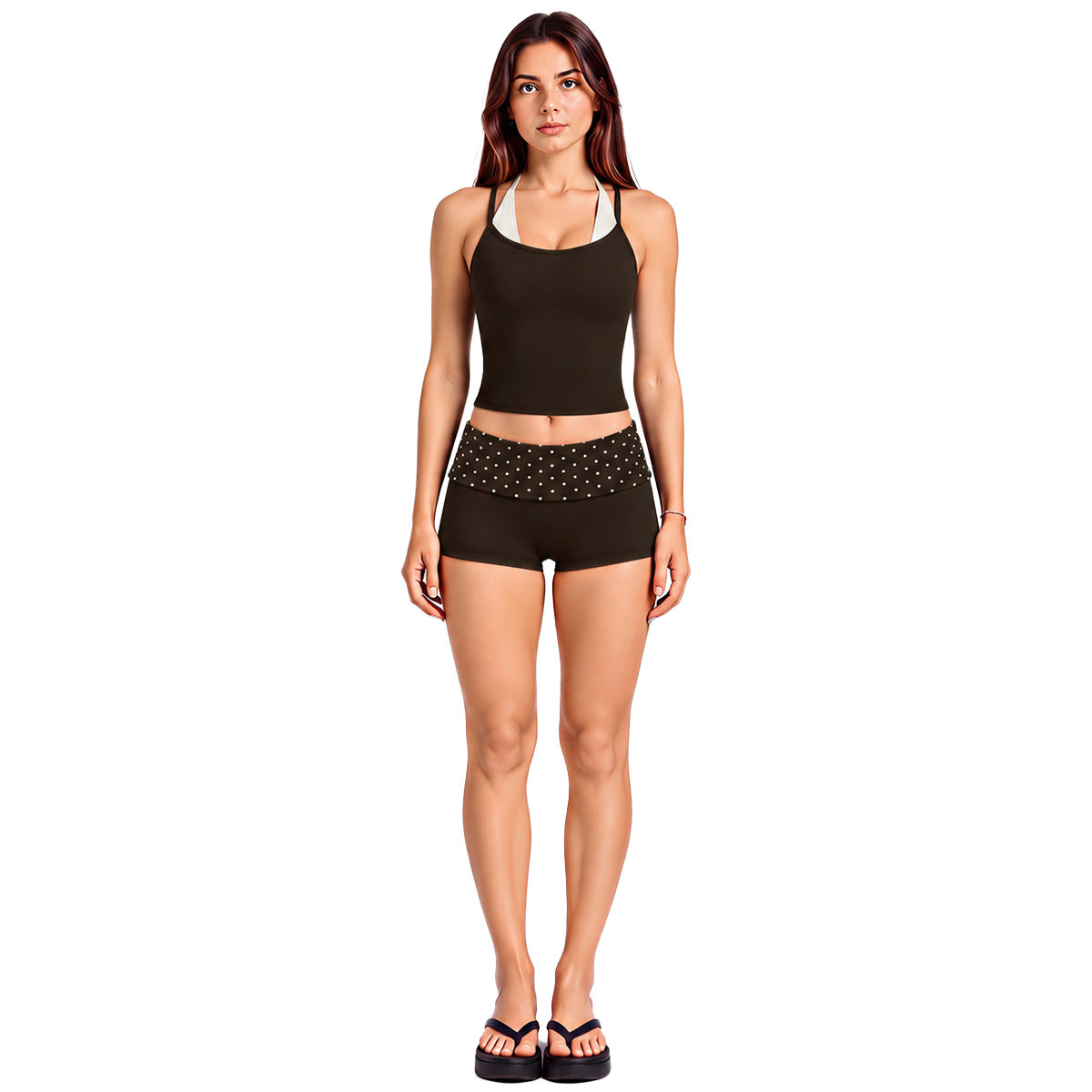 Wholesale Women’s Activewear Set | Color-Block Workout Tank & Quick-Dry Polka Dot Yoga Pants | fouregg