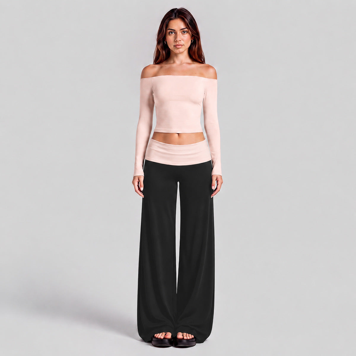 Wholesale Women’s Activewear Set | One-Shoulder Long Sleeve Top & High-Waisted Casual Yoga Pants | fouregg - Long Sleeve + Long Pants, Gray Pink