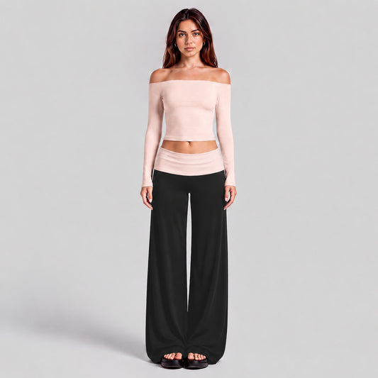Wholesale Women’s Activewear Set | One-Shoulder Long Sleeve Top & High-Waisted Casual Yoga Pants | fouregg - Long Sleeve + Long Pants, Gray Pink