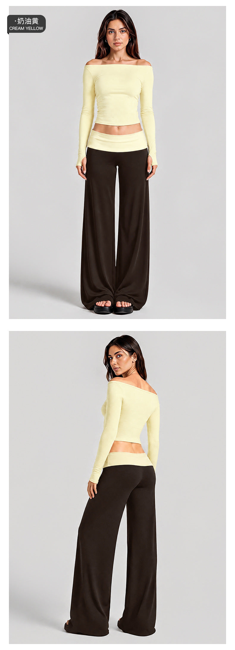 Wholesale Women’s Activewear Set | Quick-Dry Long Sleeve Off-Shoulder Top & High-Waisted Workout Pants | fouregg