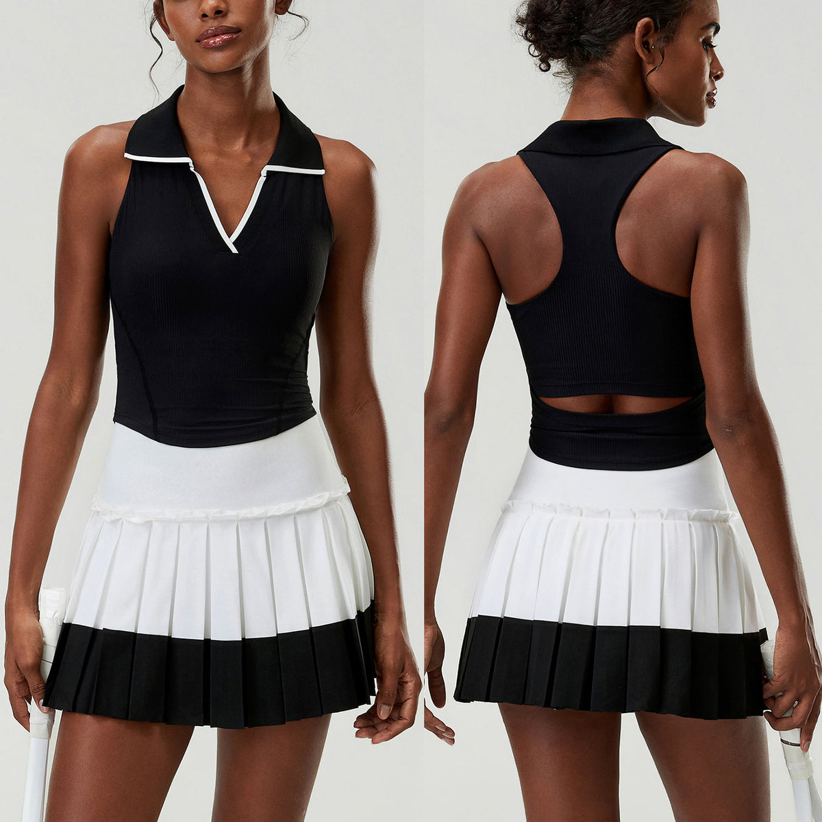 Wholesale Women's 2-Piece Sports Skirt Set | Cutout-Waist Tank Top & Puff-Edge Skirt | Quick-Dry Activewear | fouregg - Black