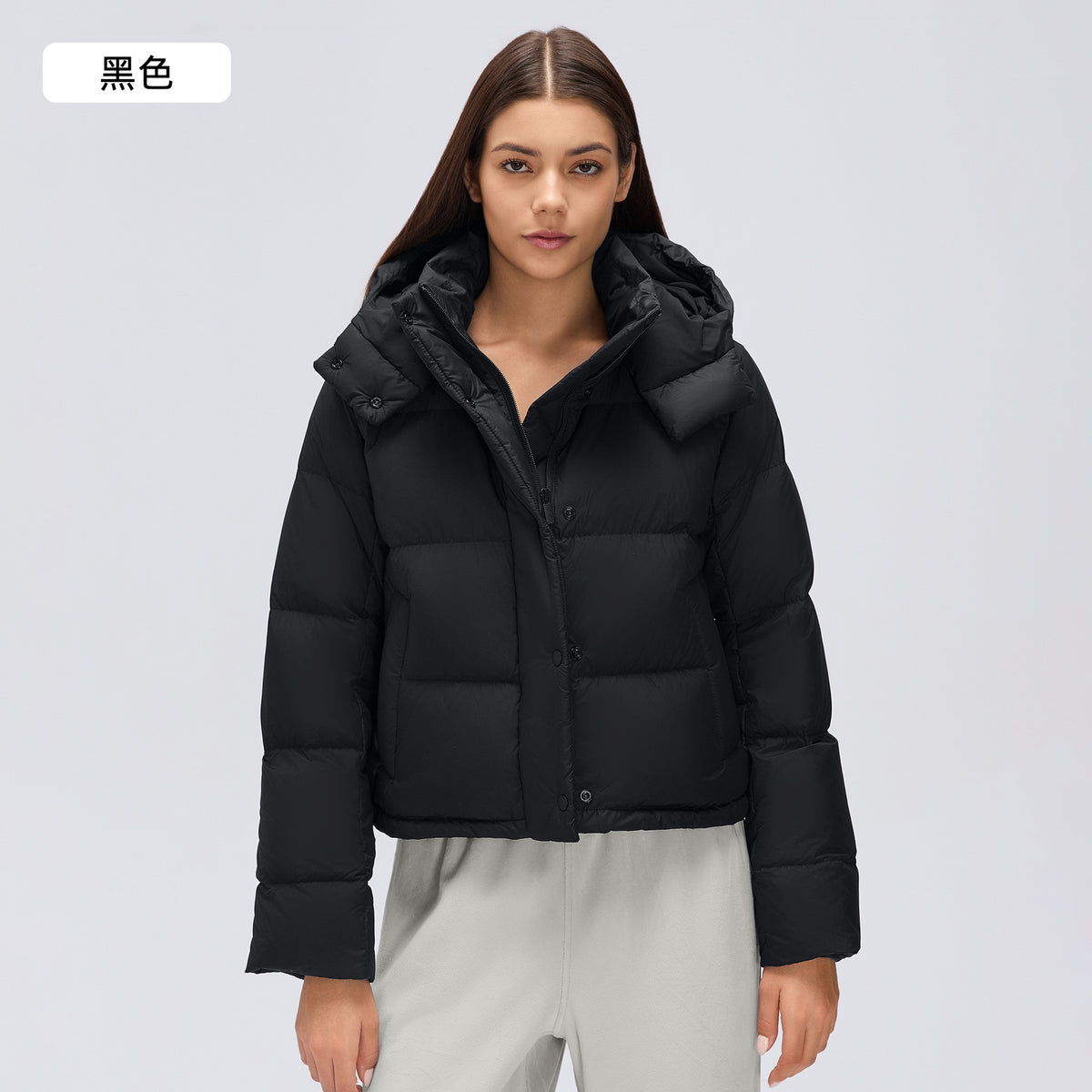 Wholesale Women’s Short Puffer Jacket D26149 | Warm Wind-Resistant Hooded Down Coat for Petite Sizes | fouregg - Black