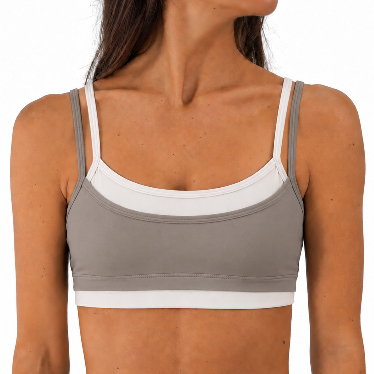 Wholesale Women’s Activewear Set | Double-Layer Contrast Sports Bra & Quick-Dry Workout Leggings | fouregg - Underwear Gray