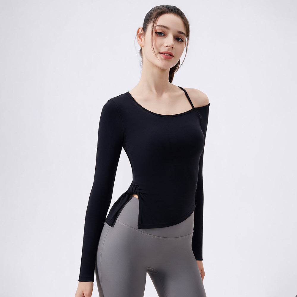 Wholesale Women’s Bow-Detail Workout Top | Split-Hem Off-Shoulder Running & Yoga Activewear | fouregg