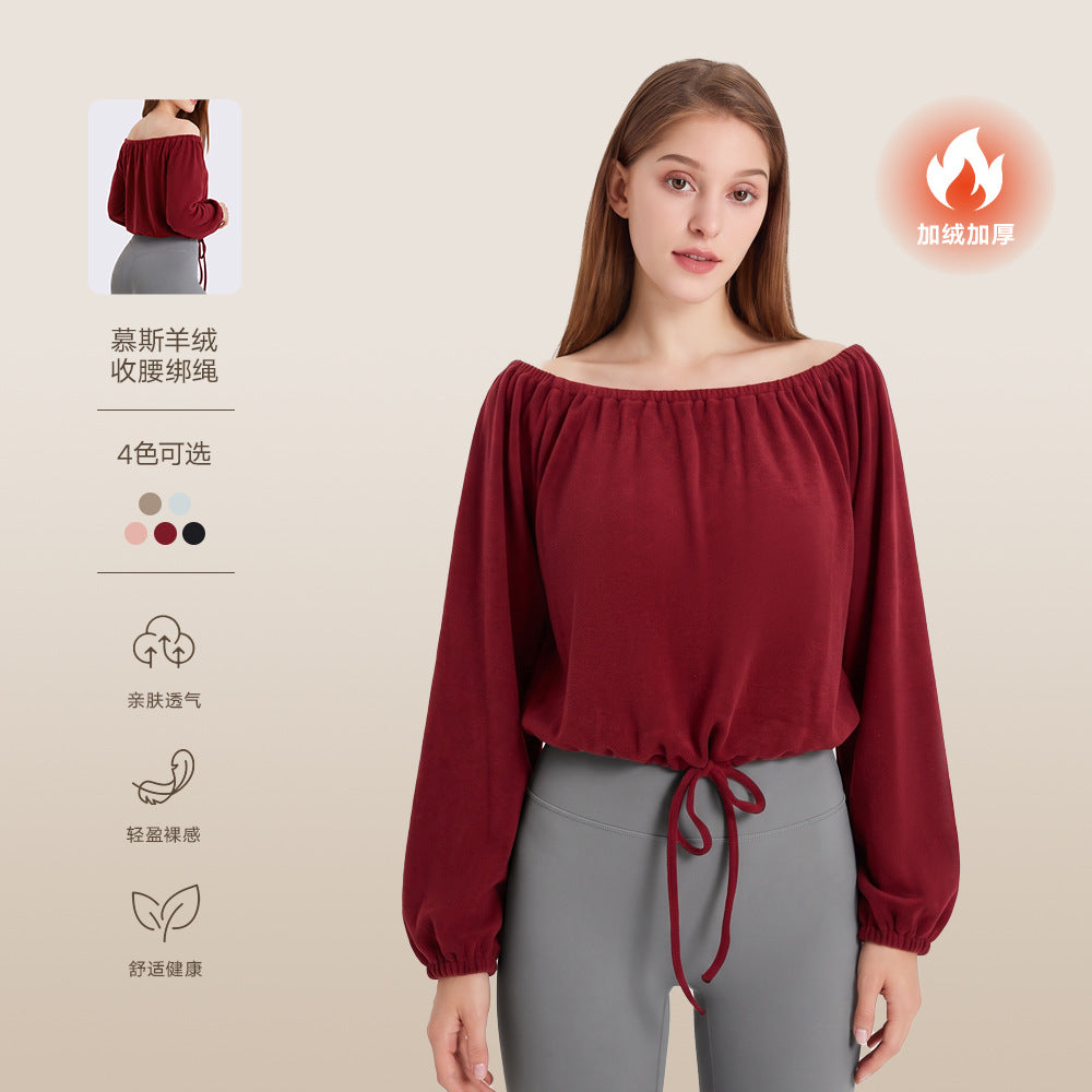 Wholesale Women’s Activewear Top | Slim-Fit Drawstring Off-Shoulder Warm-Up Shirt | fouregg