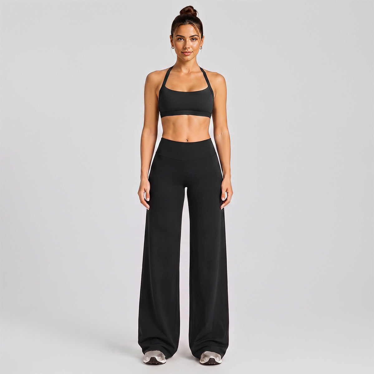 Wholesale Women’s Activewear Set | Halter Neck Sports Bra for Running, Cycling & Pilates | fouregg - Wide-Leg Long Set, Black