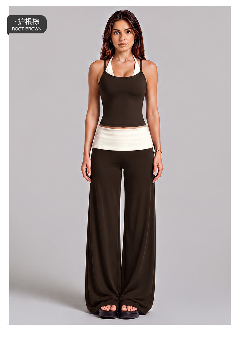 Wholesale Women’s Activewear Set | Halter Sports Top & Color-Block High-Waisted Yoga Pants | fouregg