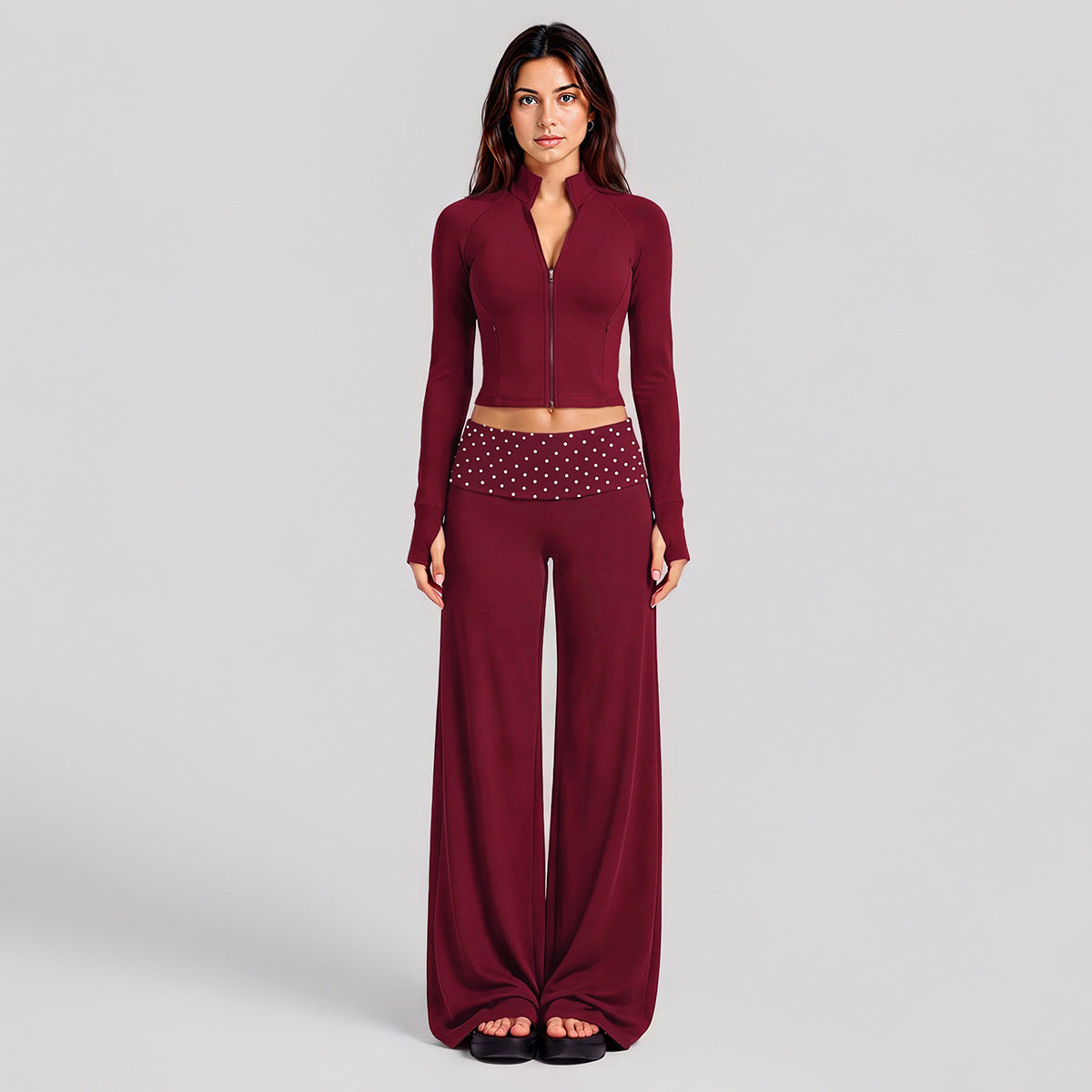 Wholesale Women’s Activewear Set | Quick-Dry Color-Block Track Jacket & Polka Dot Yoga Pants | fouregg - XL37 Jacket + 6181 Pants, Rumba Red