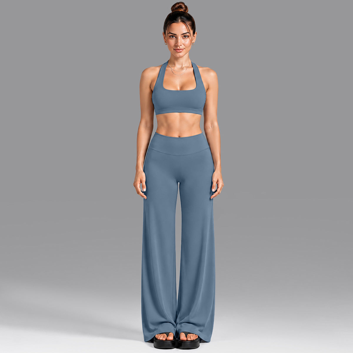 Wholesale Women’s Summer Activewear Set | Built-In Cup Halter Bra & Open-Back Pilates Outfit | fouregg - Underwear + Pants Gray Blue