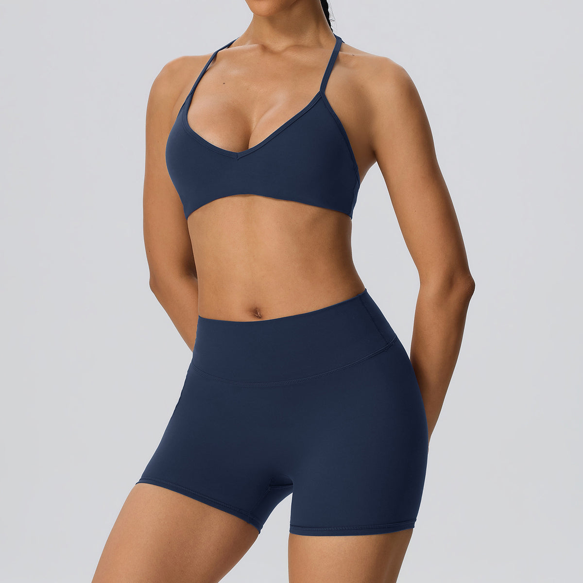 Wholesale Women’s 2-Piece Activewear Set | Bulk Brushed Sports Bra & Sculpting Biker Shorts | fouregg - Navy Blue