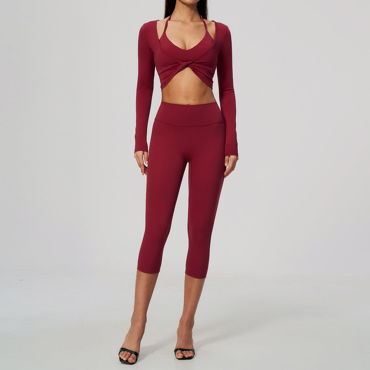 Wholesale Brushed Activewear Set 5529 | Tummy-Control, Butt-Lifting Yoga & Running Outfit | fouregg - 5529 Bra + Shorts + 5529-1 Long Sleeve, Cherry Red