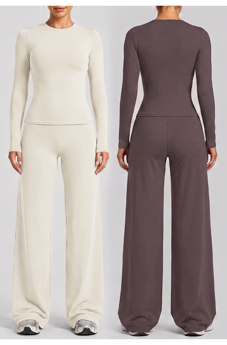 Wholesale Women’s Activewear Set | Slim-Fit Long Sleeve Tee & High-Waisted Loose Workout Pants | fouregg