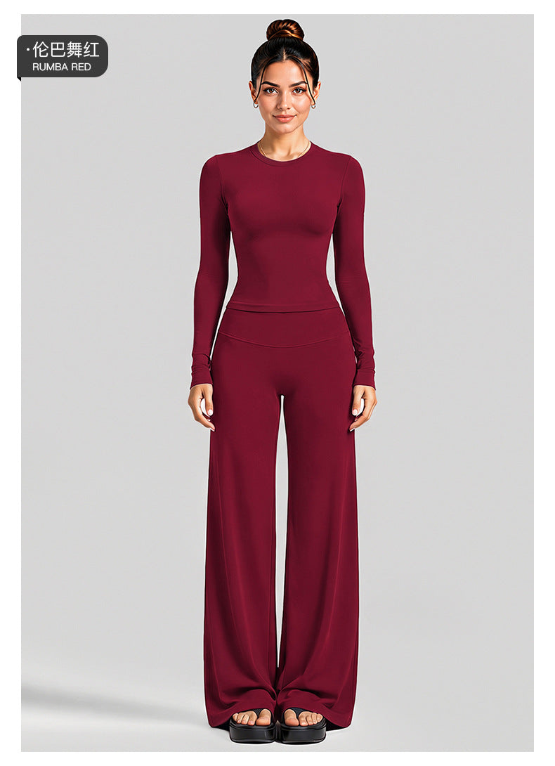 Wholesale Women’s Activewear Set | Fitted Long Sleeve Tee & Loose Straight-Leg Workout Trousers | fouregg