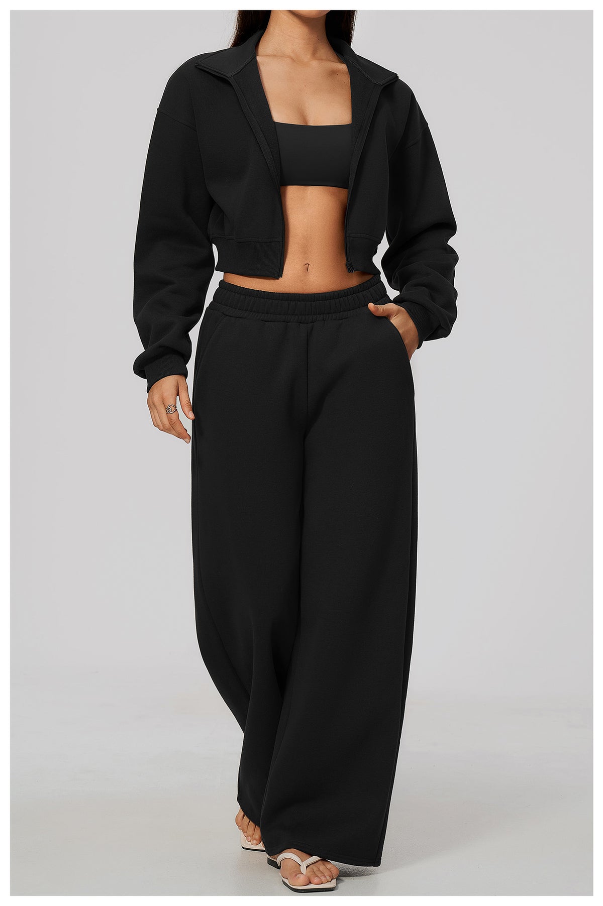 Wholesale Women’s Fleece Tracksuit | Bulk Cropped Jacket & Wide-Leg Pants 3615 | fouregg