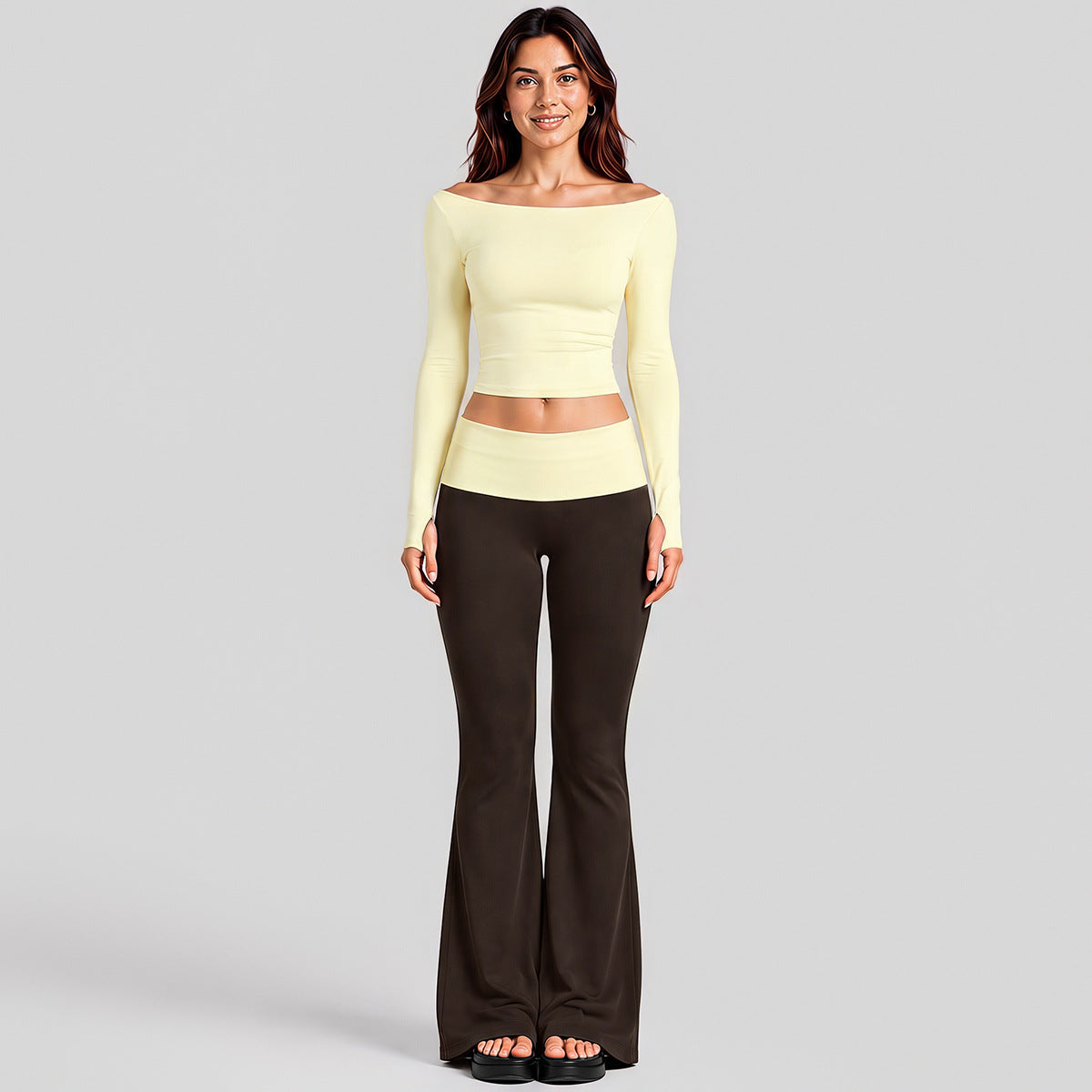 Wholesale Women’s Activewear Set | Quick-Dry Long Sleeve Off-Shoulder Top & High-Waisted Workout Pants | fouregg - Long Sleeve + Flared Pants, Cream Yellow