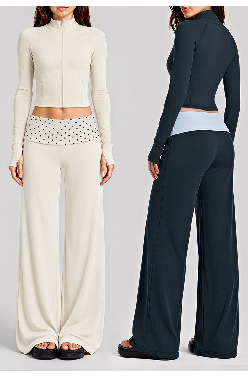 Wholesale Women’s Activewear Set | Quick-Dry Color-Block Track Jacket & Polka Dot Yoga Pants | fouregg