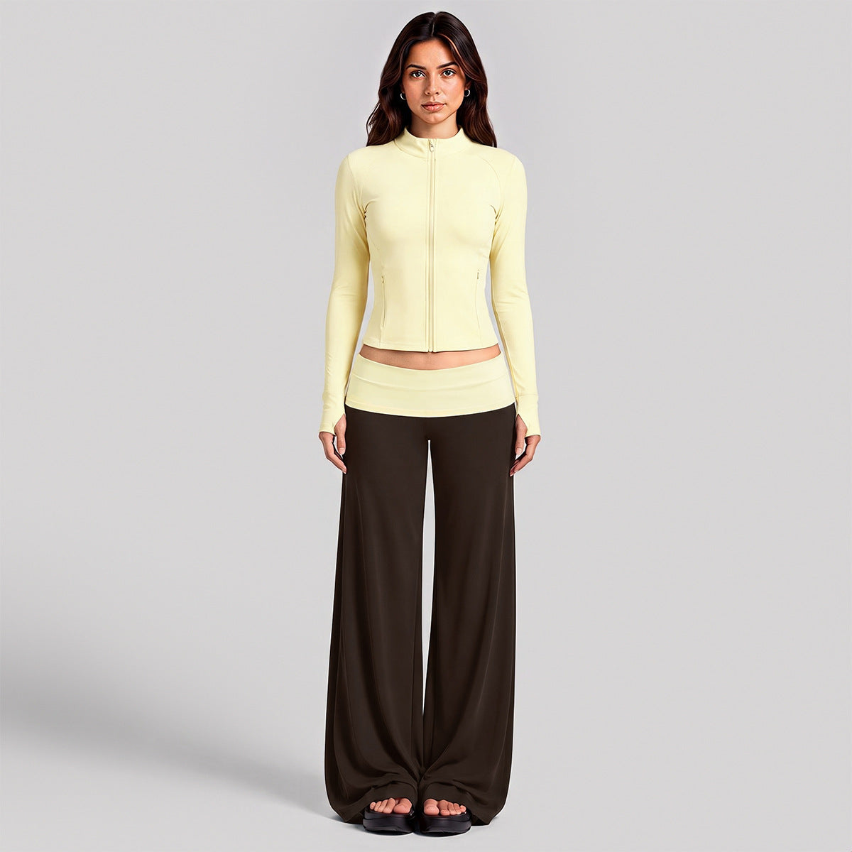 Wholesale Women’s Activewear Set | Quick-Dry Color-Block Track Jacket & Polka Dot Yoga Pants | fouregg - XL37 Jacket + 6187 Pants, Cream Yellow