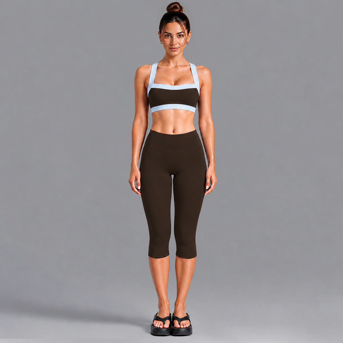 Wholesale Women’s Activewear Set | Contrast-Color Yoga Bra & Pilates Fitness Pants | fouregg - 6231 Underwear + 1554 Mid-Length Pants Root Brown