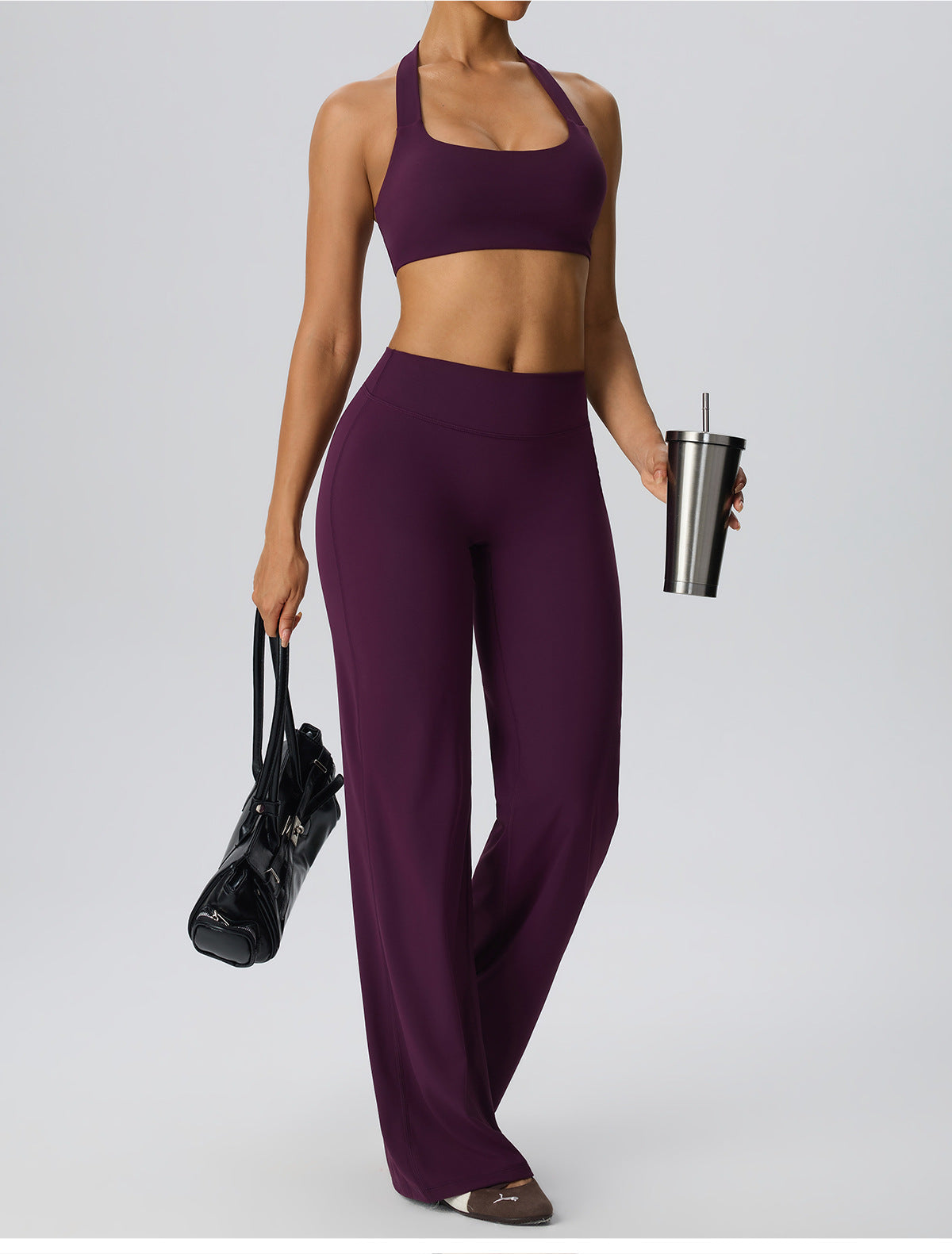 Wholesale Women’s 2-Piece Yoga Set | Bulk Halter Sports Bra & Loose Workout Pants | fouregg