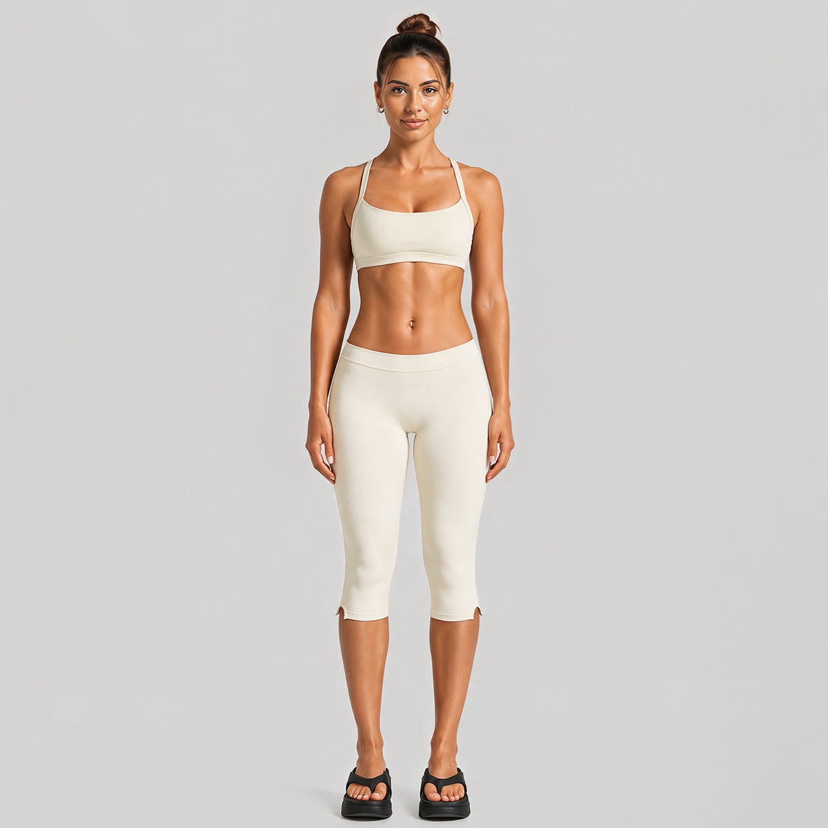 Wholesale Women’s Activewear Set | Quick-Dry Halter Bra & Low-Waist Cycling Shorts | fouregg - Mid-Length Shorts Set, Off-White