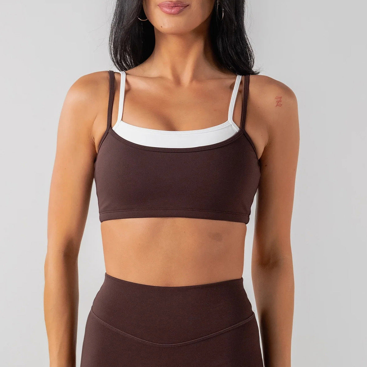Wholesale Women’s Activewear Set | Double-Layer Backless Sports Bra & Quick-Dry Workout Leggings | fouregg - Underwear Dark Coffee