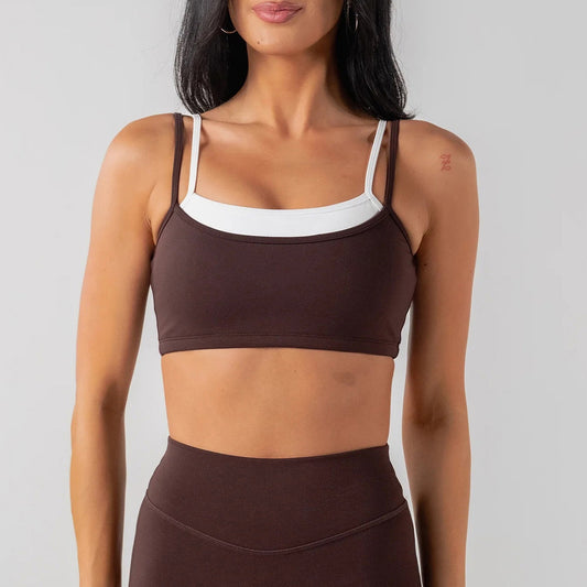 Wholesale Women’s Activewear Set | Double-Layer Backless Sports Bra & Quick-Dry Workout Leggings | fouregg - Underwear Dark Coffee