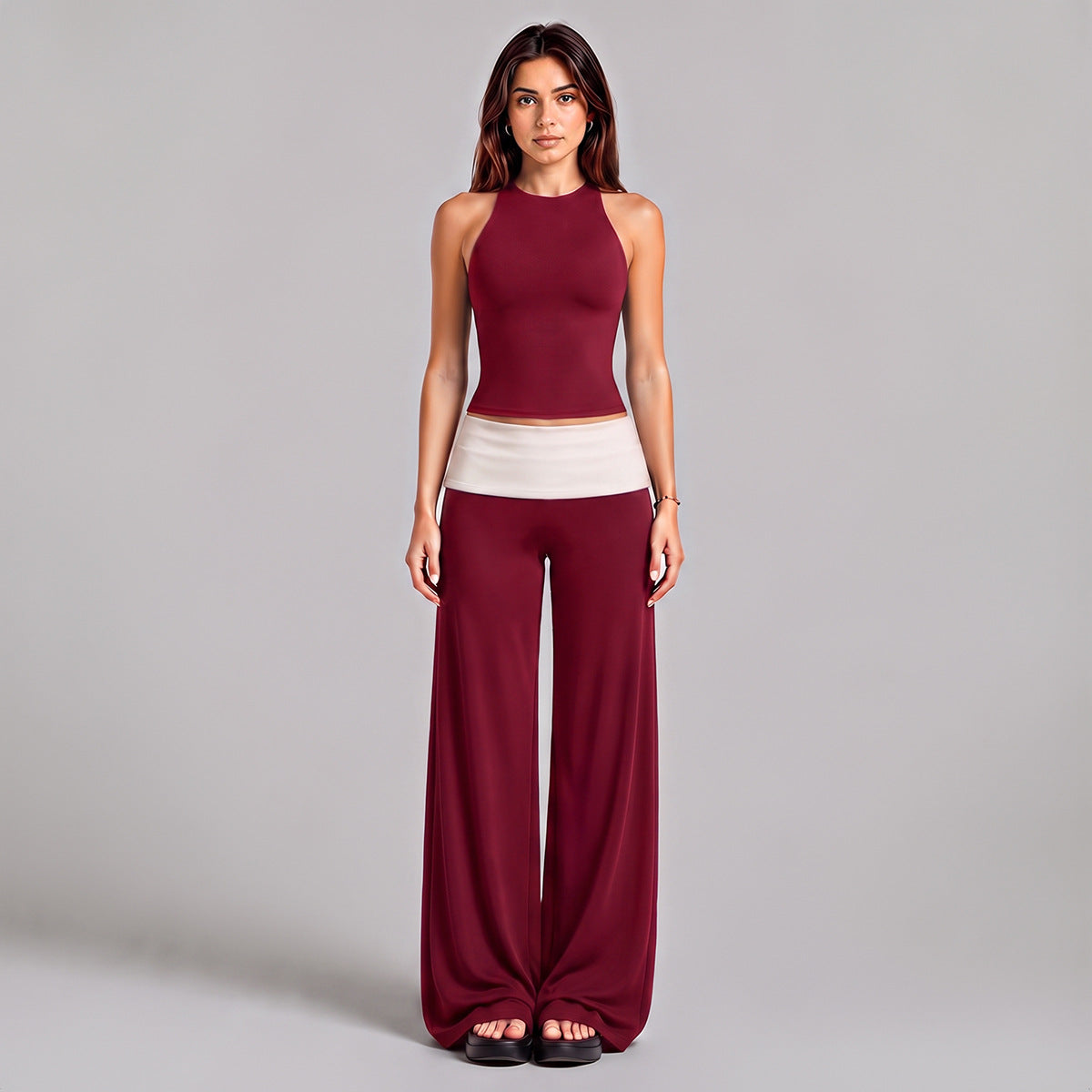 Wholesale Women’s Activewear Set | Color-Block Halter Sports Top & High-Waisted Workout Pants | fouregg - Pants + Tank Top, Rumba Red