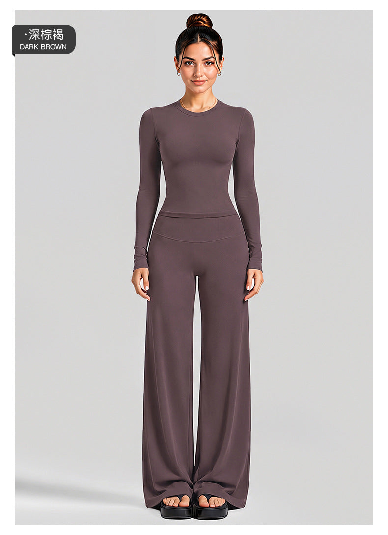 Wholesale Women’s Activewear Set | Fitted Long Sleeve Tee & Loose Straight-Leg Workout Trousers | fouregg