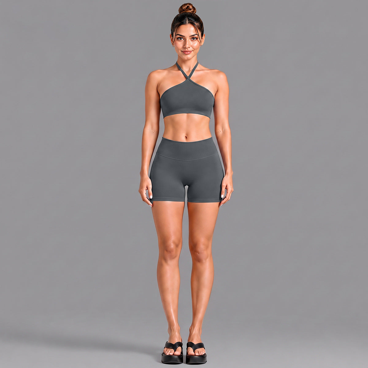 Wholesale Women’s Activewear Set | Contrast Stripe Workout Top & Casual Fitness Leggings | fouregg - Underwear + Shorts, Shark Gray