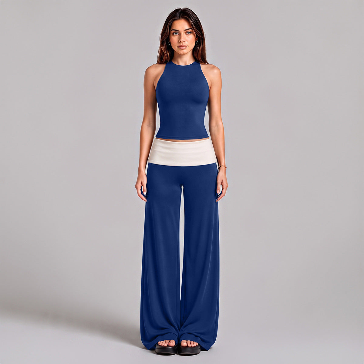 Wholesale Women’s Activewear Set | Color-Block Halter Sports Top & High-Waisted Workout Pants | fouregg - Pants + Tank Top, Dark Blue