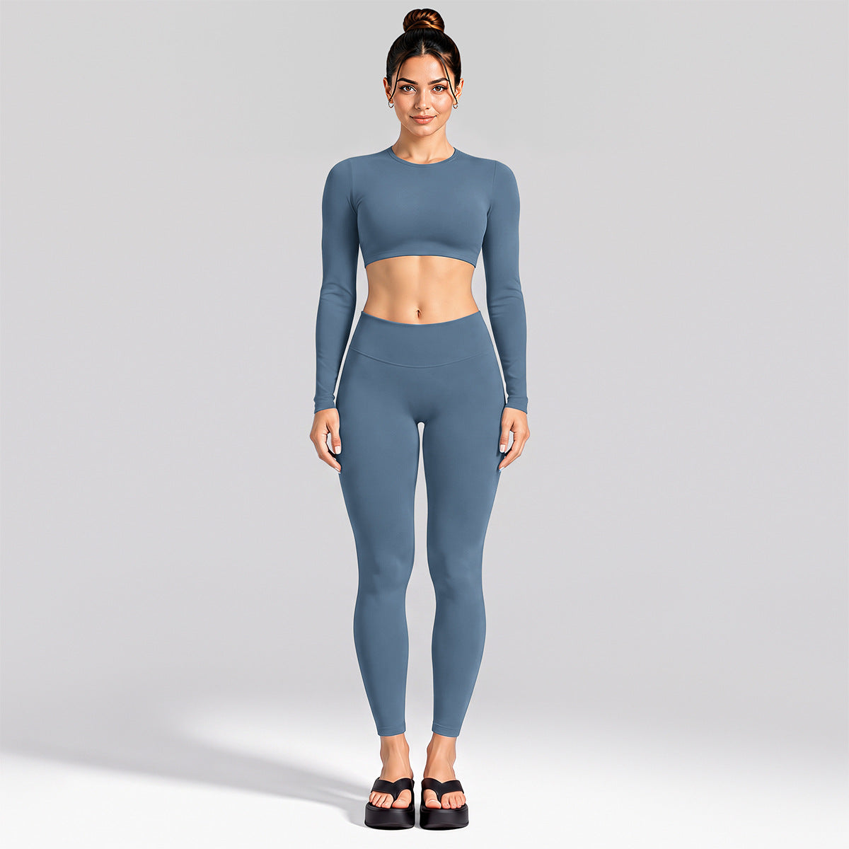 Wholesale Women’s Activewear Set | Cutout Back Long Sleeve Tee & High-Waisted Loose Pants | fouregg - Long Sleeve + Leggings Gray Blue