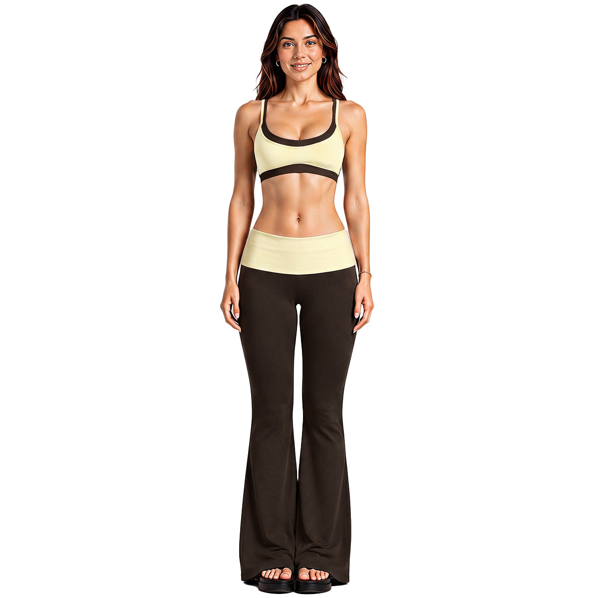 Wholesale Women’s Activewear Set | Faux-Layered Sports Bra & Quick-Dry Flared Yoga Pants | fouregg