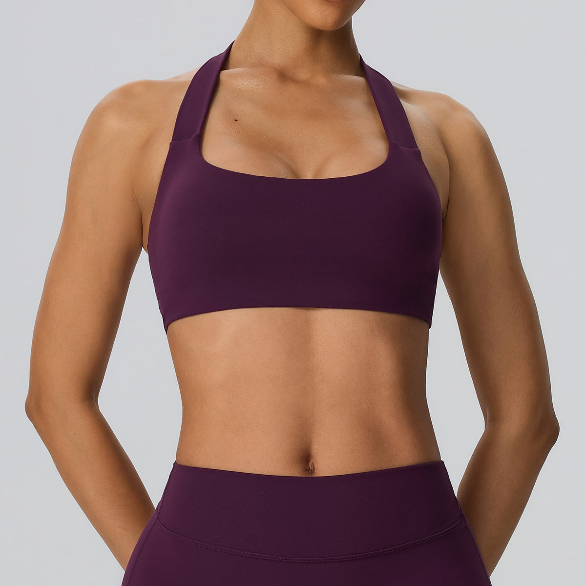 Wholesale Women’s Double-Brushed Sports Bra | Bulk Open-Back Halter Fitness Top 62768 | fouregg