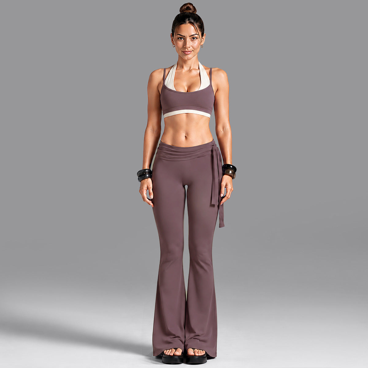 Wholesale Women’s Activewear Set | Dual-Layer Halter Sports Top & Tie-Detail Quick-Dry Workout Pants | fouregg - Underwear + Flared Pants, Vintage Purple