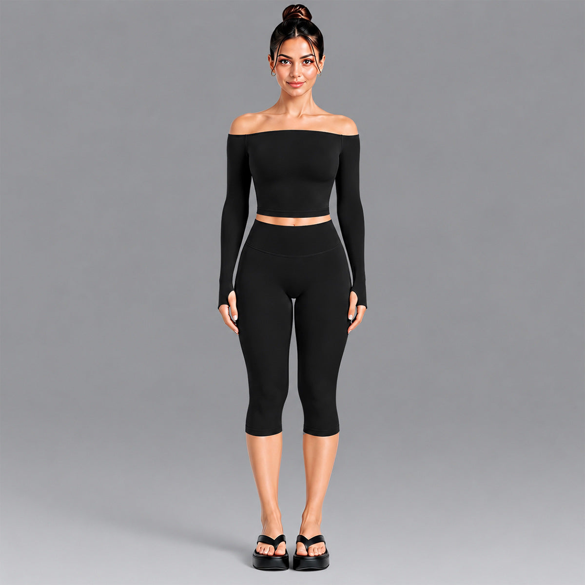 Wholesale Women’s Seamless Activewear Set | Slim-Fit Off-Shoulder Top & Peach-Lift Yoga Pants | fouregg - Long Sleeve + Shorts Black