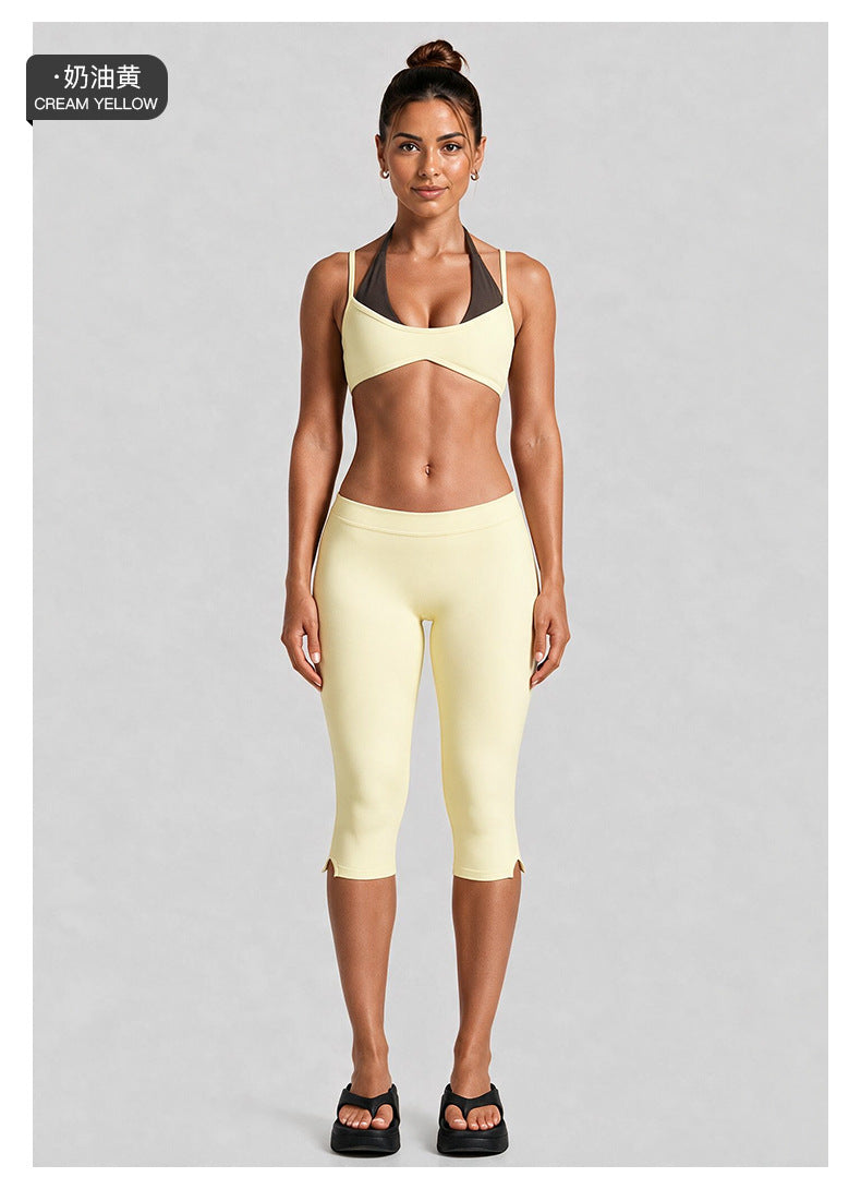 Wholesale Women’s Activewear Set | Contrast-Color Halter Bra & 3/4-Length Running Workout Pants | fouregg