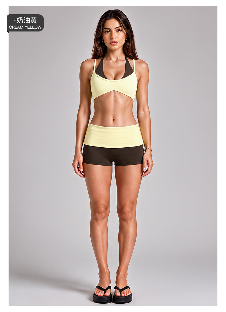 Wholesale Women’s Activewear Set | Backless Halter Bra & Color-Block High-Waisted Yoga Pants | fouregg