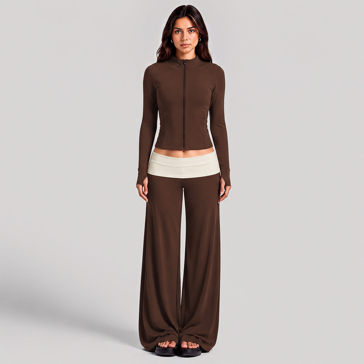 Wholesale Women’s Activewear Set | Color-Block High-Neck Jacket & Quick-Dry Workout Trousers | fouregg - Dark Coffee Brown