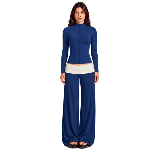 Wholesale Women’s Activewear Set | High-Neck Workout Jacket & Color-Block Yoga Leggings | fouregg