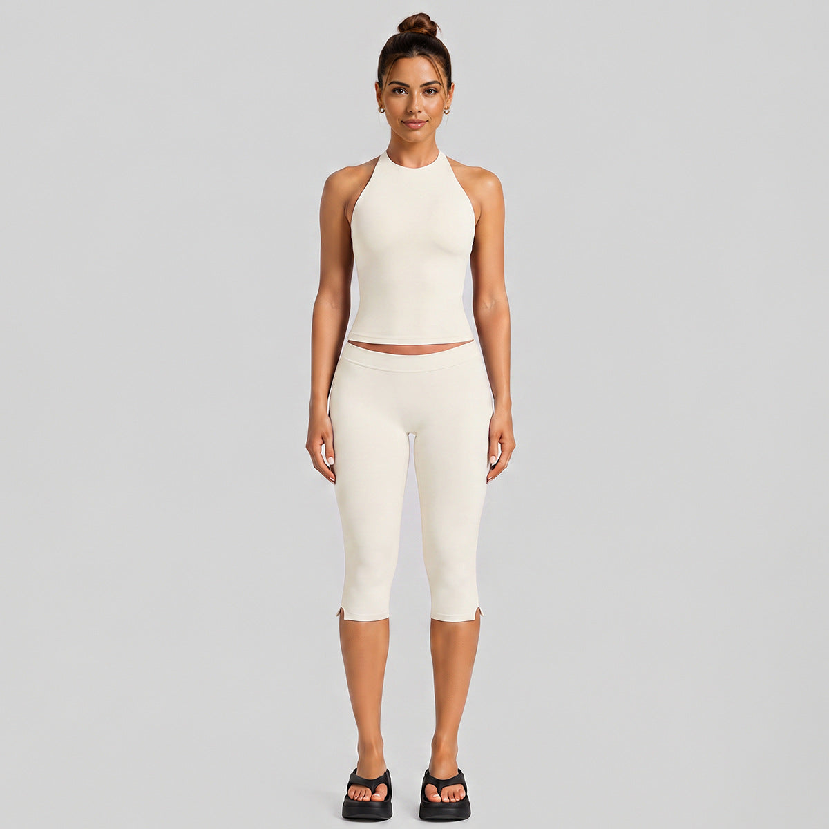 Wholesale Women’s Activewear Set | Halter Neck Workout Top & High-Stretch Pilates Leggings | fouregg - Mid-length Pants Set, Albumen White