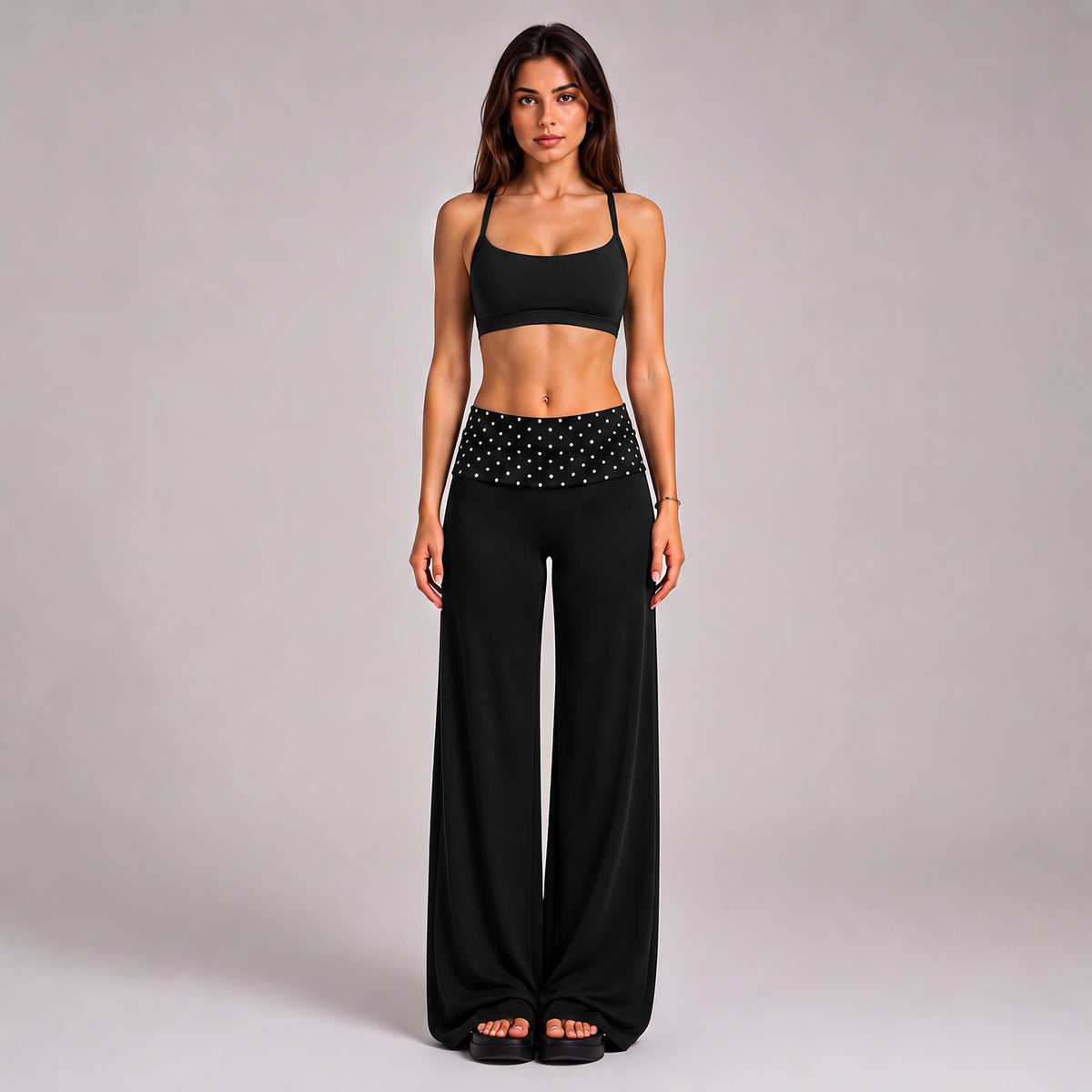 Wholesale Women’s Quick-Dry Activewear Set | Open-Back Halter Bra & Polka Dot Workout Pants | fouregg - Pants + underwear, black