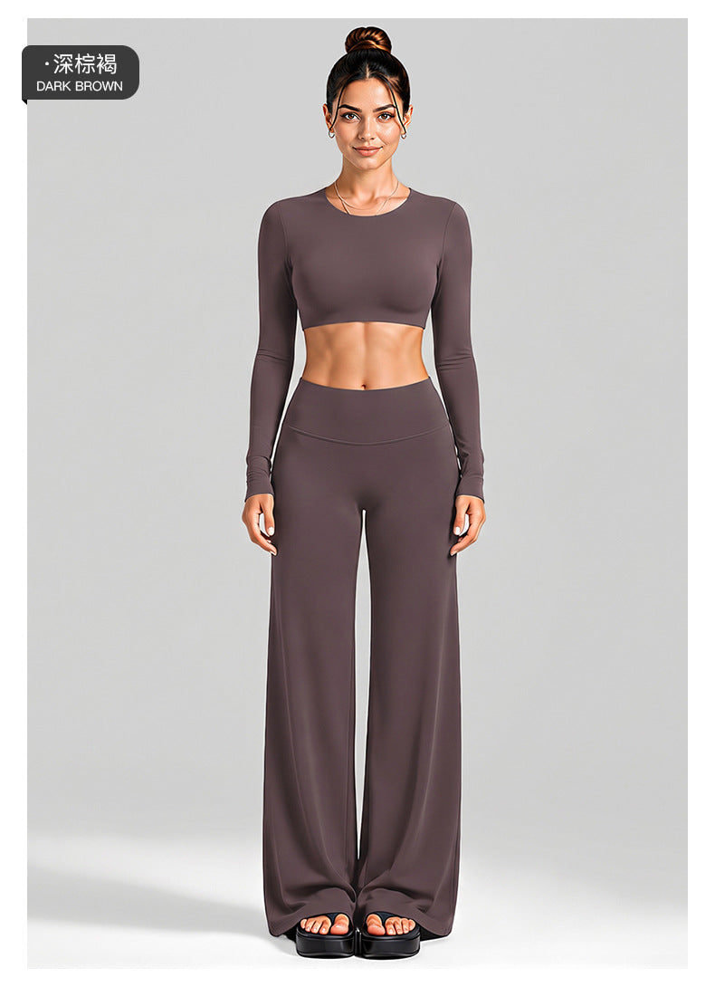 Wholesale Women’s Activewear Set | Cutout Back Long Sleeve Tee & High-Waisted Loose Pants | fouregg