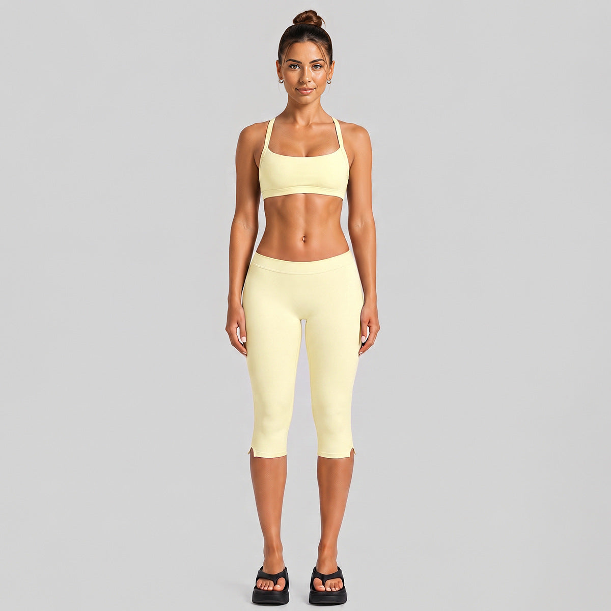 Wholesale Women’s Activewear Set | Quick-Dry Halter Bra & Low-Waist Cycling Shorts | fouregg - Mid-Length Shorts Set, Cream Yellow