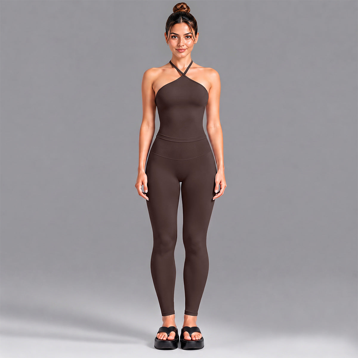 Wholesale Women’s Activewear Set | Contrast Stripe Workout Top & Casual Fitness Leggings | fouregg - Tank Top + Leggings, Dark Coffee
