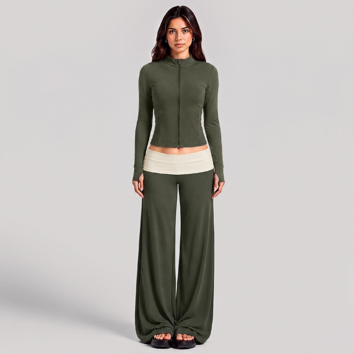 Wholesale Women’s Activewear Set | Quick-Dry Color-Block Track Jacket & Polka Dot Yoga Pants | fouregg - XL37 Jacket + 6187 Pants, Olive Green