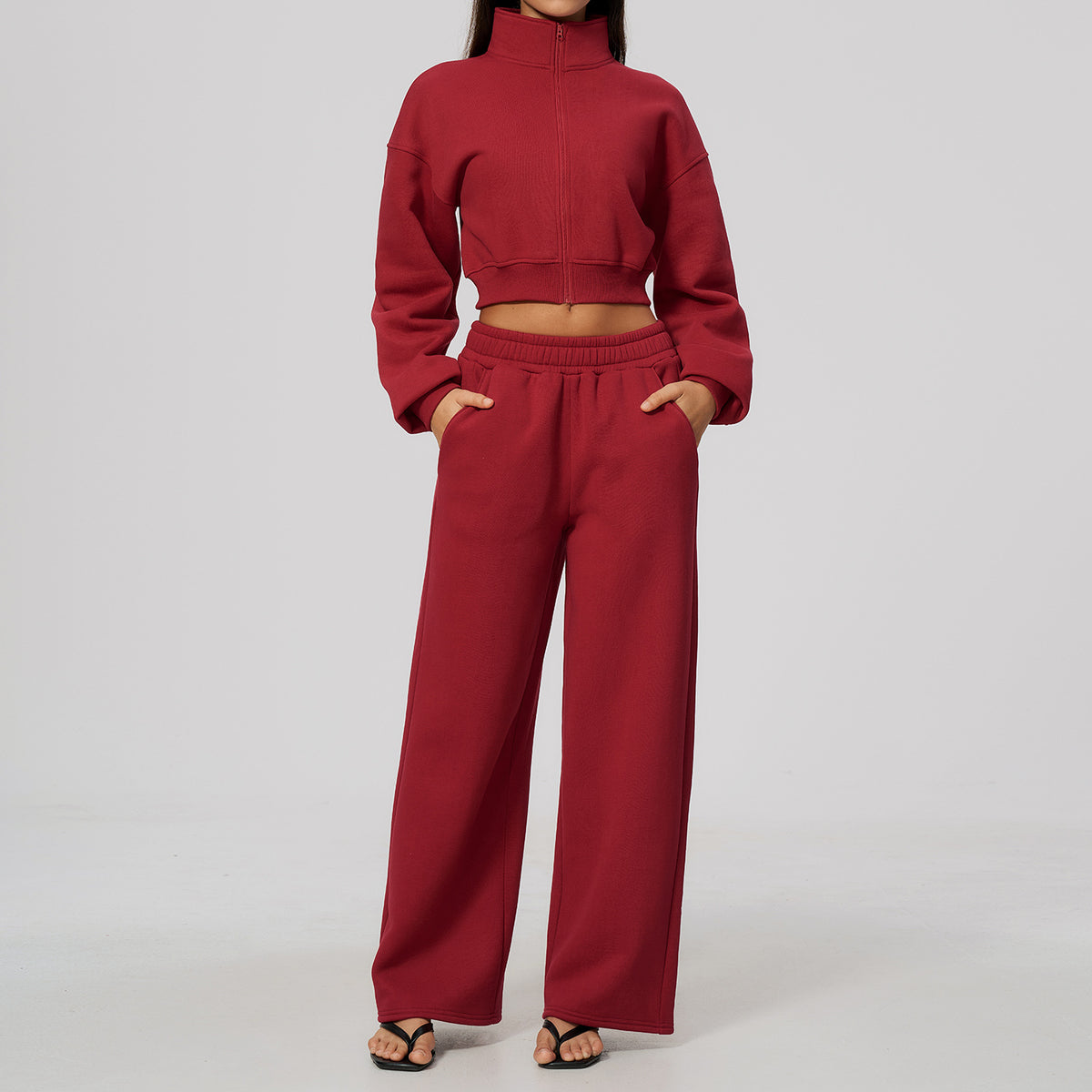 Wholesale Women’s Fleece Tracksuit | Bulk Cropped Jacket & Wide-Leg Pants 3615 | fouregg - 3615 Jacket+3615 Sweatpants—Cherry Red