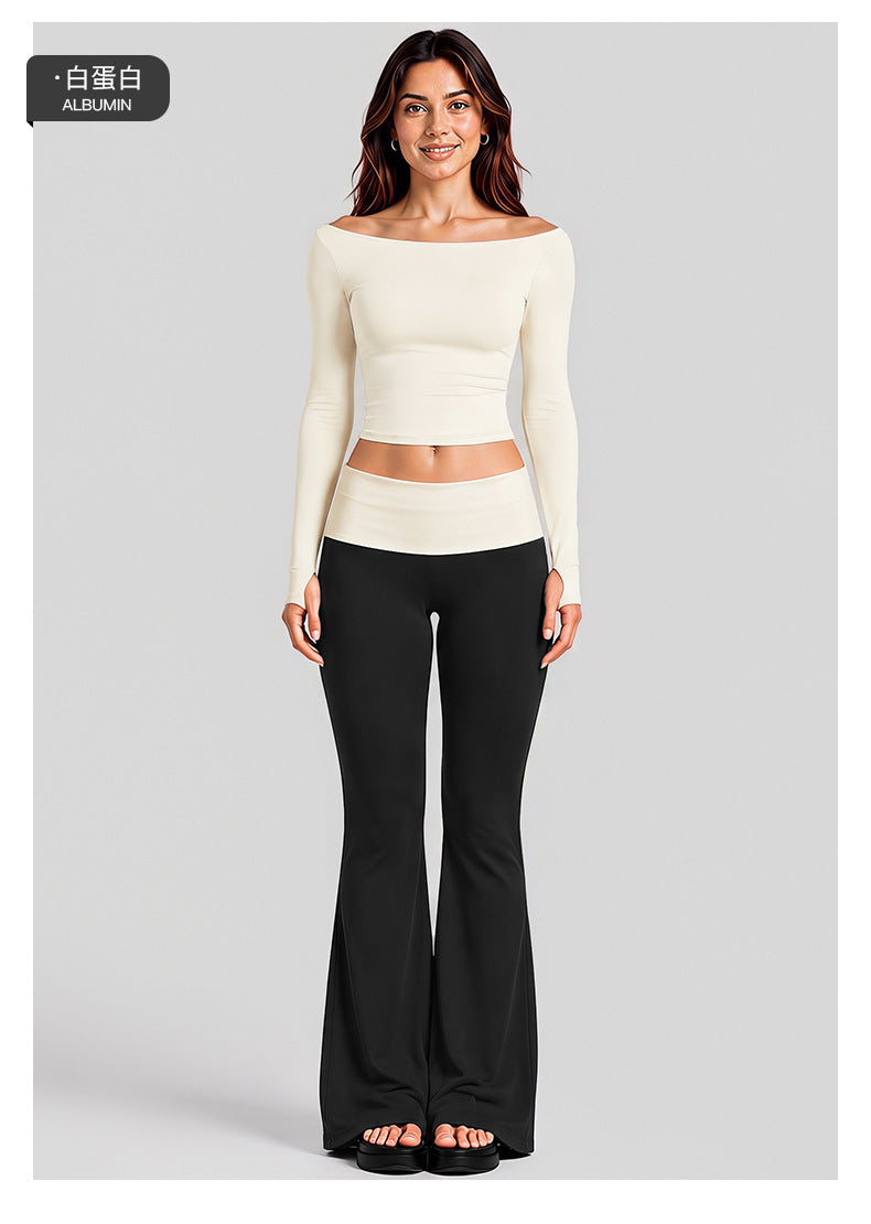 Wholesale Women’s Activewear Set | Quick-Dry Long Sleeve Off-Shoulder Top & High-Waisted Workout Pants | fouregg