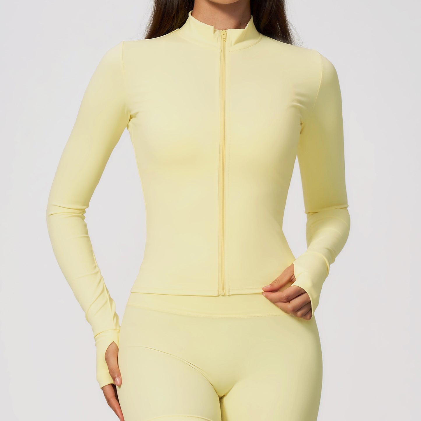 08/2022 Ropa de yoga transpirable de secado rápido para mujer, chaqueta de fitness nude de manga larga, cremallera exterior, top deportivo ajustado para correr 6116