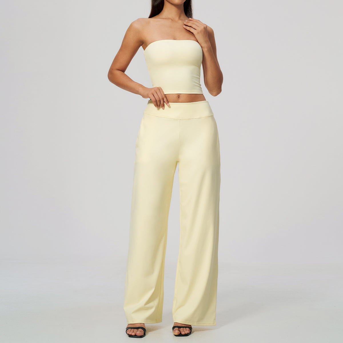 Wholesale Women’s Brushed 2-Piece Set | Strapless Sports Top & Relaxed Wide-Leg Pants 8793 | fouregg - Cream Yellow