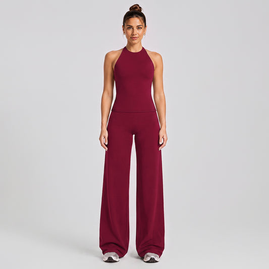 Wholesale Women’s Activewear Set | Slimming Sports Tank & Loose-Fit Workout Pants | fouregg - Wide-Leg Long Set, Rumba Red
